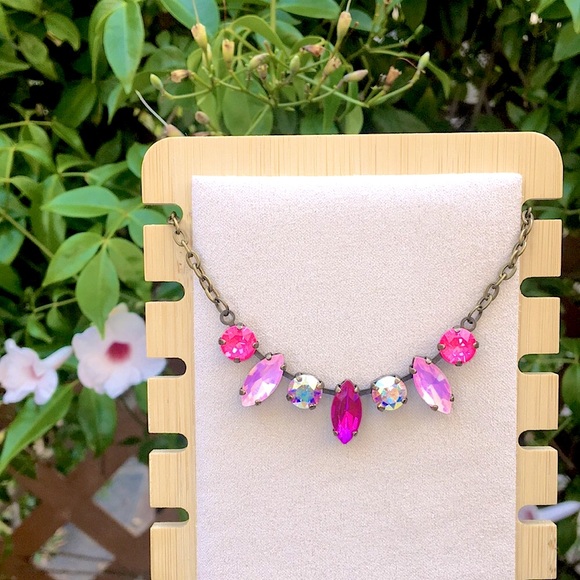 Hot Pink + Pink-Purple Opal Aurora Borealis Antique Brass Crystal Necklace - Picture 6 of 8